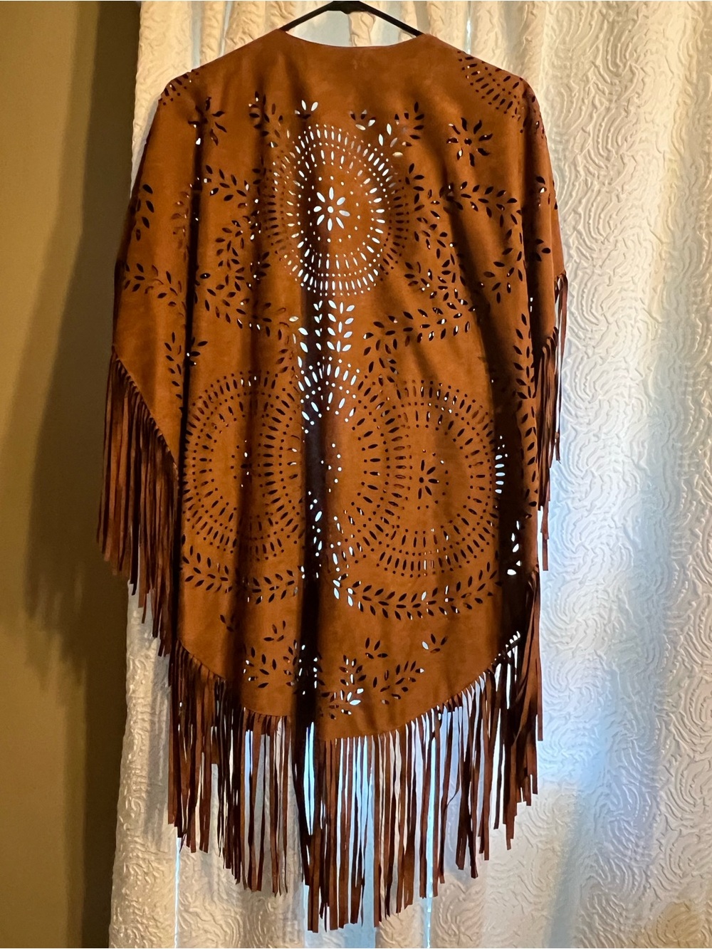 Fringed Suede Cape Coat - Brown